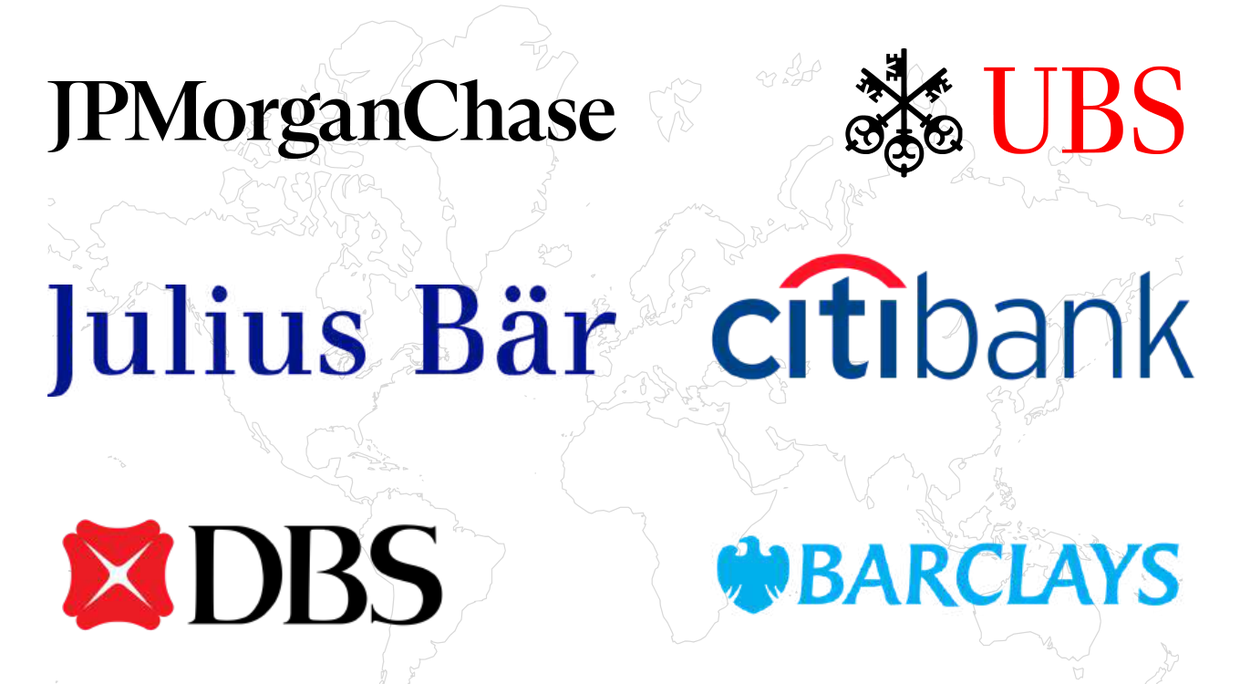 Partner banks accessible through the GloboBanks network: JPMorgan Chase, UBS, Julius Baer, Citibank, DBS and Barclays